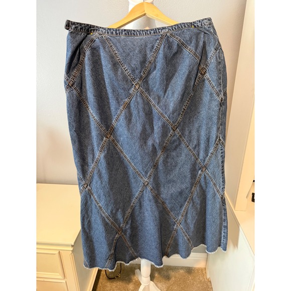 Unbranded Dresses & Skirts - Blue Denim Diamond Seam Midi Skirt Raw Hem Medium Wash Womens Plus Size